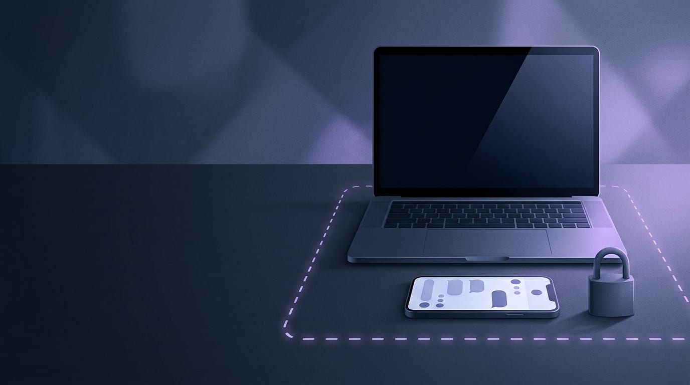 Ilustracja edytorska o cyfrowej zgodzie: laptop, uproszczony telefon bez treści tekstowych, symbol granic na spokojnym tle — bez osób i bez treści jednoznacznej